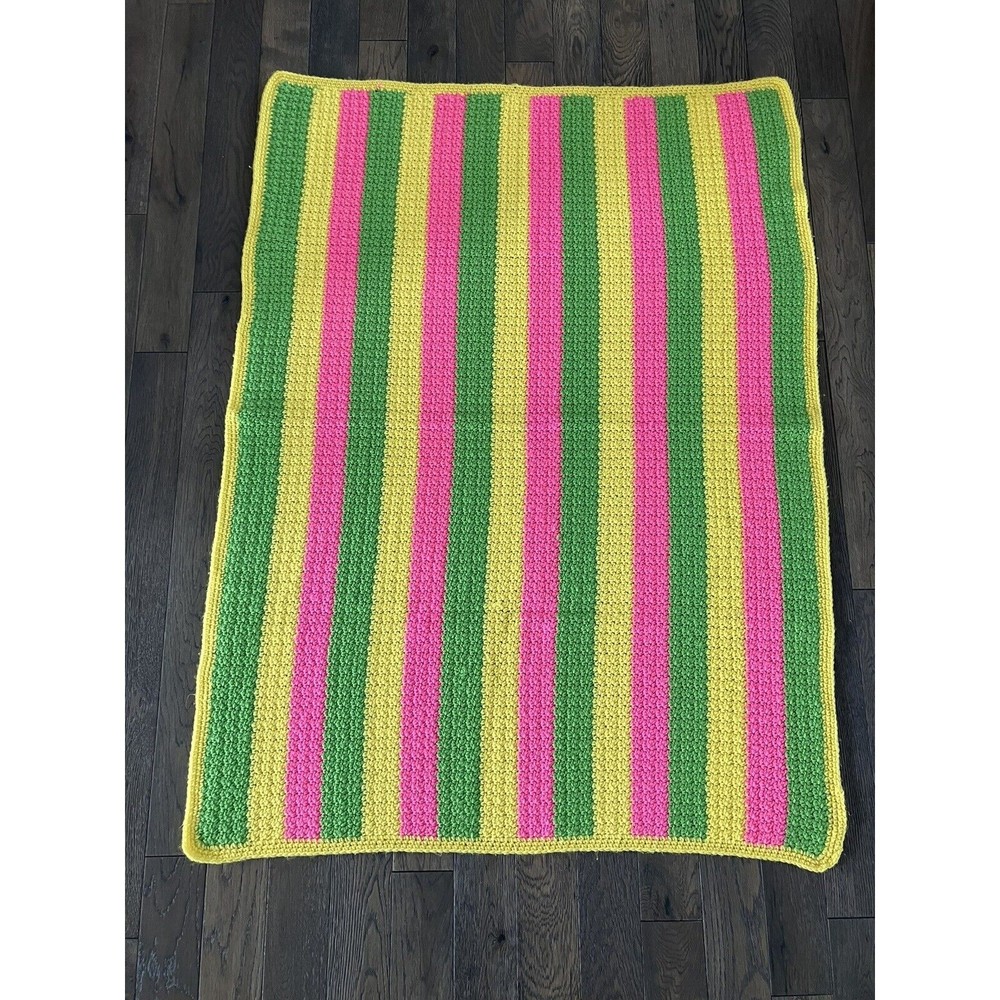 Handmade Colorful Afghan Couch Blanket Throw 39" x 52" Pink Green Yellow